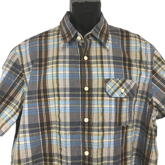 Indigo Palms Mens XXL Short Sleeve Button Up Shirt Brown/Blue Plaid Pattern - Picture 2 of 7